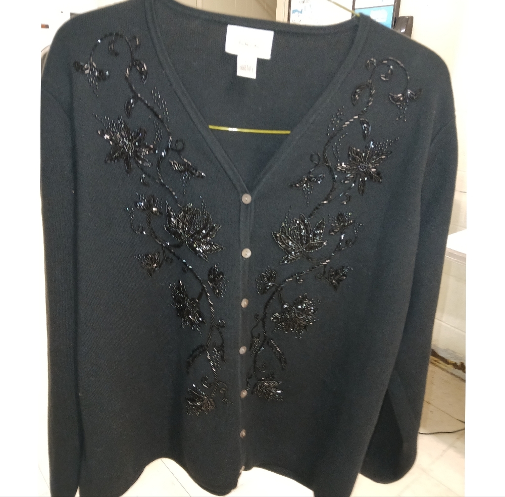 Talbots XL Elegant Black Beaded Women's Sweater 100% Cotton